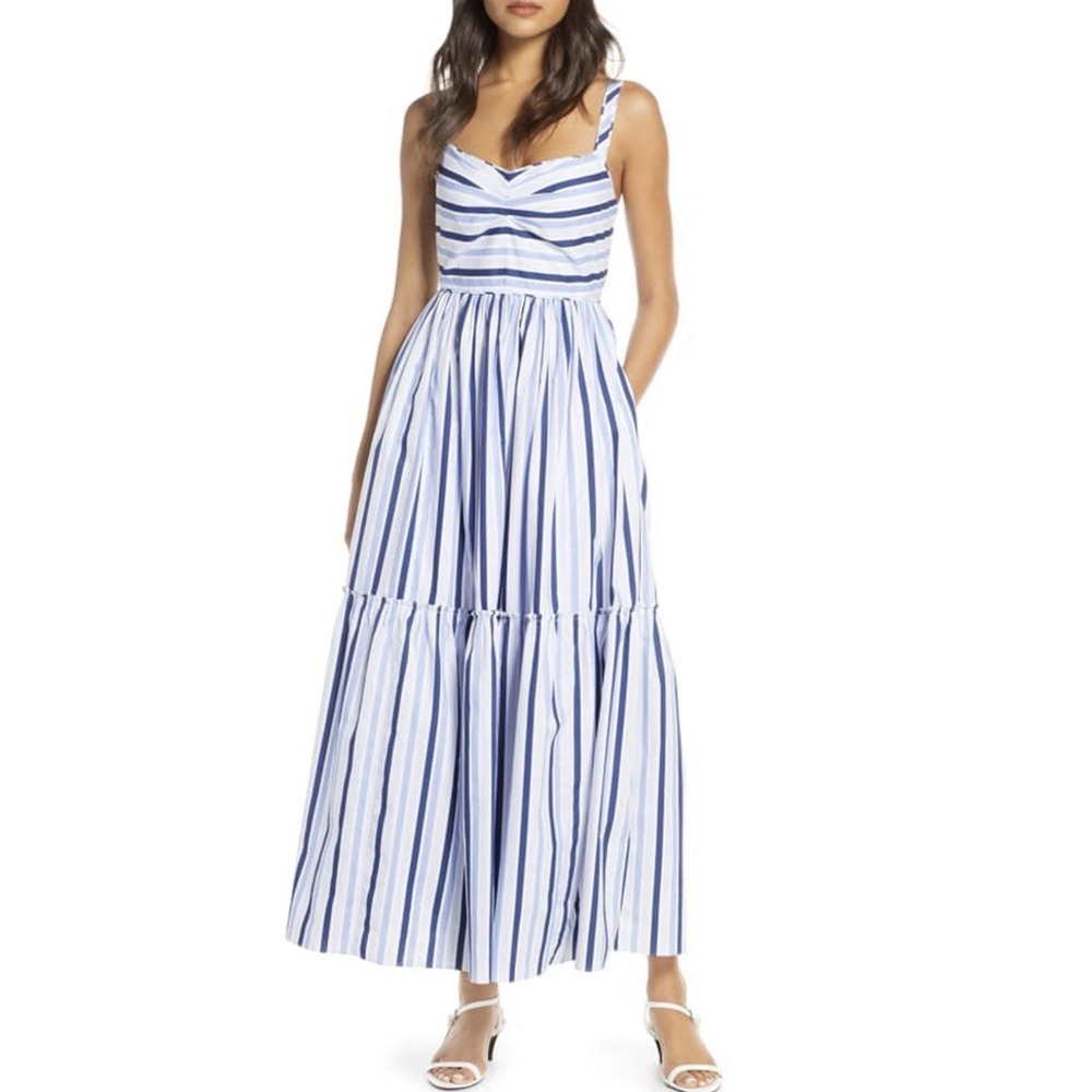 J Crew Tiered‎ Maxi Dress Poplin Stripe Blue White Cotton Boho Sun Sz 16